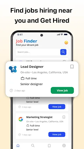 Job Finder app mobile interface showing job search bar with Lead Designer and Marketing Strategist job listings