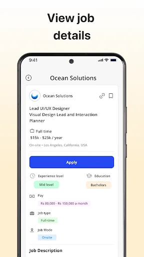 Job details view for Ocean Solutions Lead UI/UX Designer position showing salary location and Apply button option