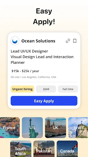 Easy Apply job application screen for Ocean Solutions with simplified application button and international country options