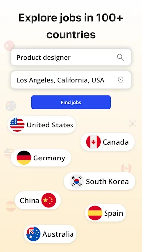 Global job exploration interface with search filters for job title and location across 100+ countries worldwide