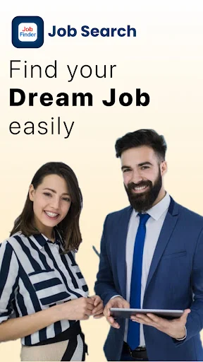 Job Search app welcome screen: 'Find your Dream Job easily' with two professionals sharing tablet on beige background