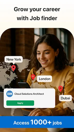 Career growth feature: World map showing job locations New York, London, Dubai with IBM Cloud Solutions Architect job posting and 1000+ jobs access banner