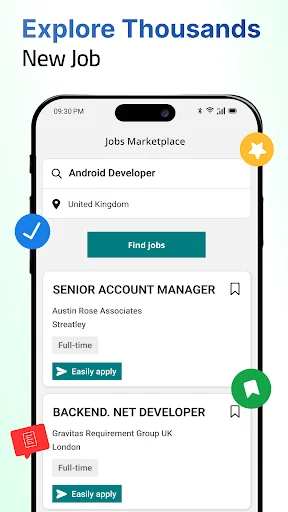 Job search app displaying Android Developer filter for United Kingdom with job listings and Easy Apply button