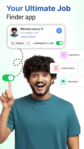 Job profile setup with Looking for a Job toggle and Experience, Certifications, Education category options
