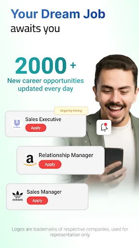 Career opportunities screen displaying 2000+ new jobs updated daily with company logos and Apply buttons