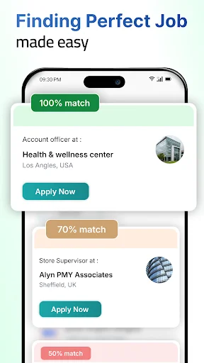 Job matching algorithm results showing percentage match scores 100%, 70%, 50% with Apply Now buttons
