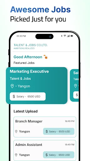 Personalized job recommendations showing featured positions with salary details and latest job uploads