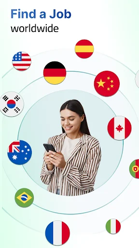 Global job search visualization with woman and phone surrounded by international country flags worldwide
