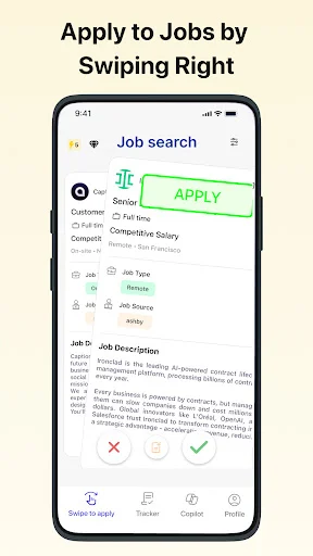 Job search app showing a job listing with Apply button highlighted, includes position details, salary, job type, location, and quick action buttons for swiping to apply