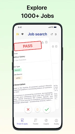Job search app displaying a job posting with Pass button, showing job details like salary and description, allowing users to browse and reject job listings with swipe gestures