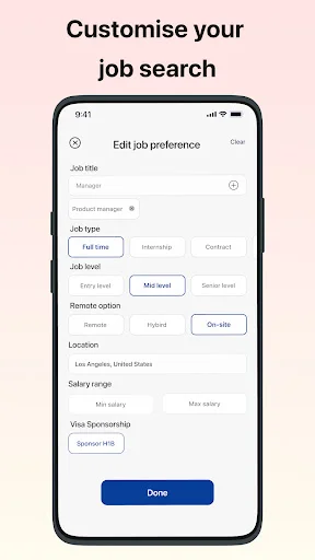 Job search app preferences screen with customizable filters including job title, type, level, remote options, location, salary range, and visa sponsorship to refine job results