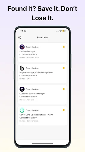 Saved jobs list in job search app showing bookmarked positions from different companies with star icons, displaying job titles, company names, and salary information for quick access
