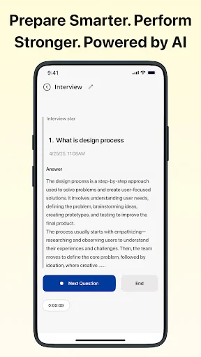 AI-powered interview preparation feature showing sample interview question about design process with detailed answer and Next Question button for interview coaching and practice