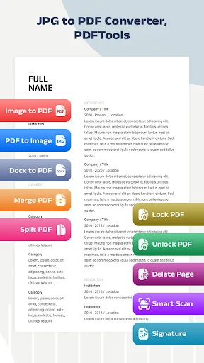 JPG to PDF Converter app home screen displaying menu options for Image to PDF, PDF to Image, Merge, Split, Lock, Delete Page, Smart Scan, and Signature tools