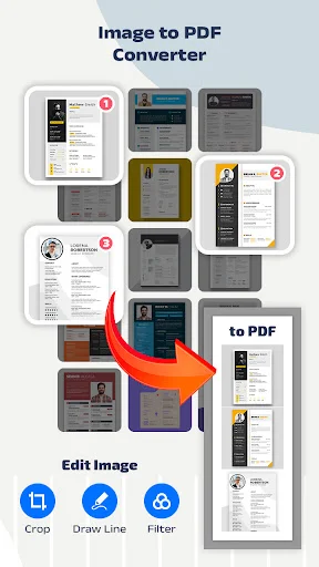 Image to PDF converter showing multiple image thumbnails being converted to PDF with editing options for Crop, Draw Line, and Filter