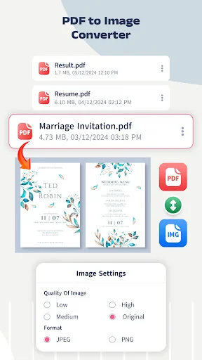 PDF to Image converter displaying list of PDF files with preview of converted images and quality/format settings options like JPEG, PNG, and resolution levels