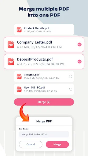Merge PDF feature showing selectable list of multiple PDF files with merge dialog to combine selected PDFs into one file with name confirmation