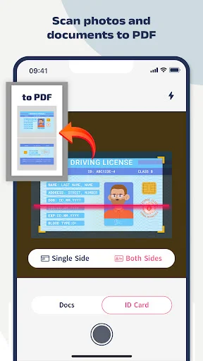 Scan photos and documents to PDF interface with camera scanning view, Single/Both sides scanning options, and Docs/ID Card document type toggle