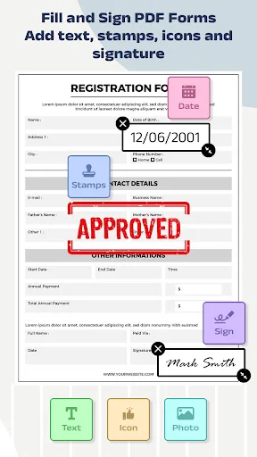 Fill and Sign PDF Forms screen showing registration form with date picker, approval stamp, signature field, and options to add text, icons, and photos