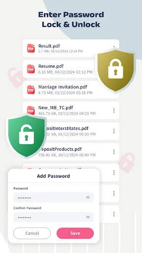 Lock and password protect PDF files interface displaying PDFs with security icons and password dialog to encrypt files with password protection