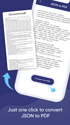 JSON to PDF conversion screen showing side-by-side document preview with Convert into PDF button for one-click conversion of JSON files to PDF