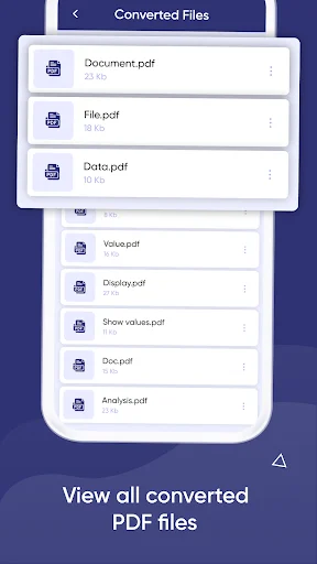 Converted Files section displaying list of PDF files created from JSON conversions, including Document.pdf, File.pdf, Data.pdf with file sizes and management options