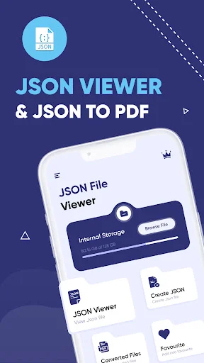 JSON Viewer and JSON to PDF app home screen with main feature icons for viewing, storing, and converting JSON files