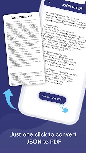 JSON to PDF conversion screen showing side-by-side preview of JSON data and output PDF with Convert button