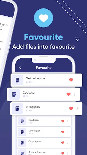 Favourite files management interface with quick-access list of bookmarked JSON files with heart favorites indicators