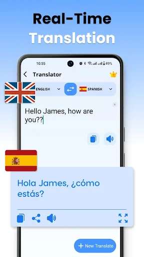 Real-time text translator showing English to Spanish translation with language selection, copy and audio playback options