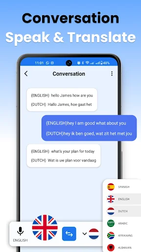 Conversation mode showing real-time voice translation dialogue with English, Dutch and other language options available
