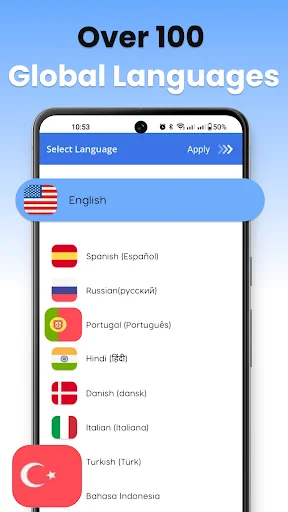 Language selection interface displaying over 100 available languages with flag icons for global translation support