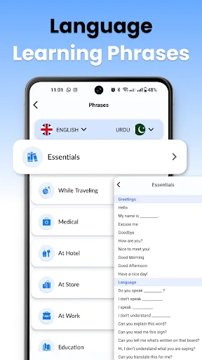 Language learning phrases organized by categories like Essentials, Travelling and Medical with phrase translations