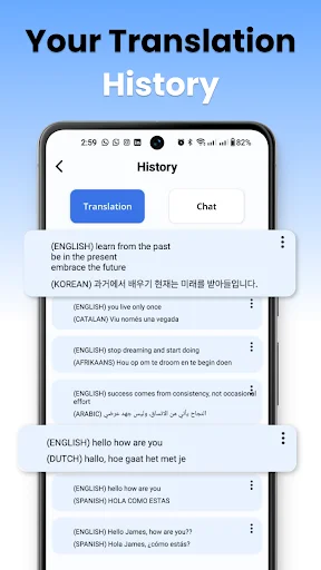 Translation history displaying past translations across multiple languages with timestamps for reference and learning