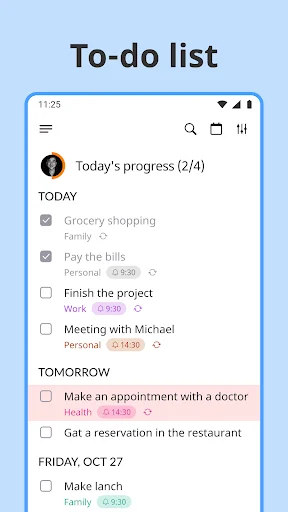 Listta to-do list app showing today's progress with tasks organized by date, categories, and priority indicators