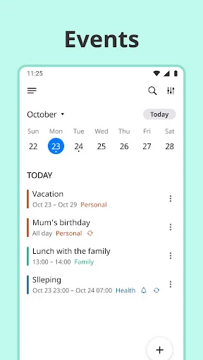 Calendar events view for October showing scheduled activities with times, including vacation, birthday, lunch, and sleep