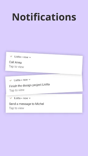Notifications panel showing completed task alerts like Call Anna, finish design project, and send message reminders