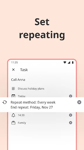 Task editor for recurring Call Anna task set to repeat weekly until Friday Nov 27, scheduled for 14:30 in Family project