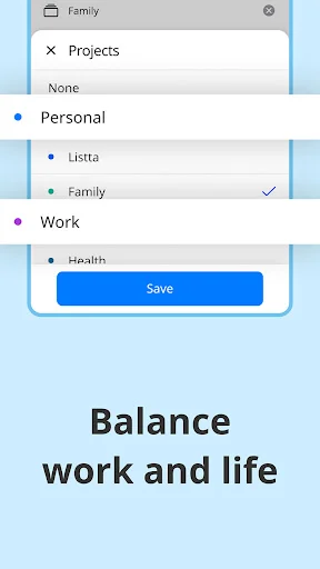 Project categories selector showing Personal (Listta, Family) and Work (Health) with save button for task organization