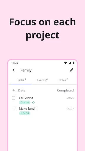Family project dashboard displaying 2 tasks and 4 events, showing upcoming Call Anna at 14:30 and Make lunch tasks
