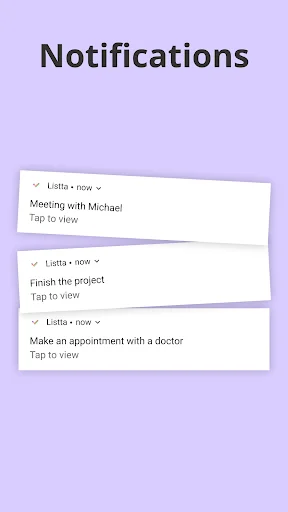 Listta task notifications displaying recent reminders for meetings, projects, and appointments to review