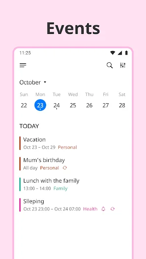 Listta digital calendar showing scheduled events like vacation, birthdays, meals, and health activities