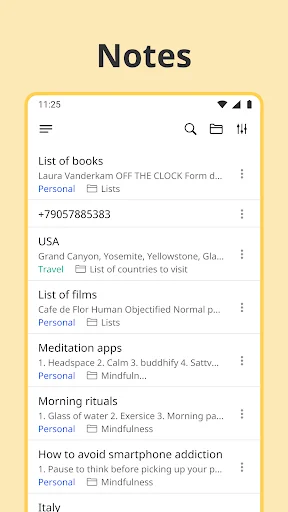 Listta notes app organizing personal, travel, wellness, and productivity notes with category tags