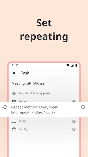 Listta task editor interface for creating recurring weekly tasks with time and category assignment options