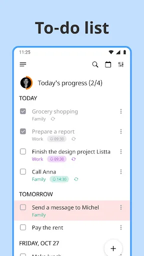 Daily to-do list with today's progress (2/4), tasks organized by date with grocery, work, and family items