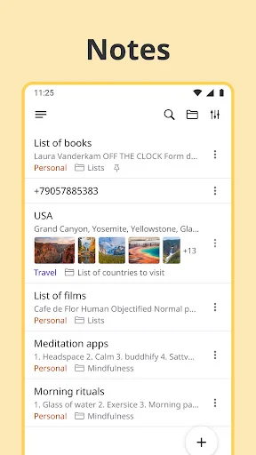 Notes feature displaying organized notes with photos, categories like books, travel, meditation apps and personal lists