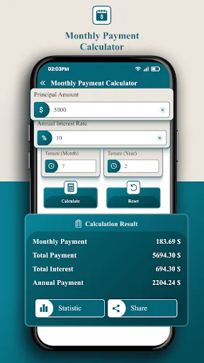 Monthly Payment Calculator for loans with principal amount, interest rate, tenure options; calculates monthly payment, total payment, and interest breakdown