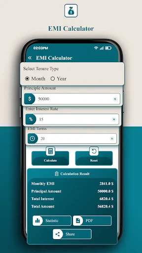 EMI Calculator: loan calculation tool with principal amount, interest rate, and term inputs displaying monthly EMI and total loan details