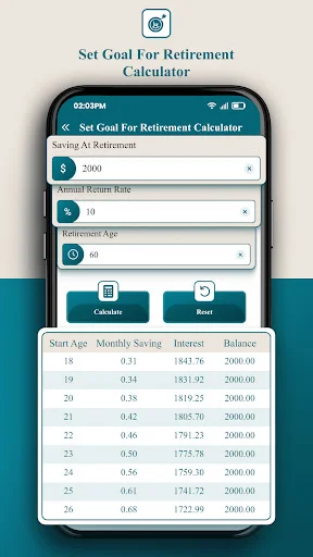 Retirement Savings Calculator: goal-based retirement planning with savings amount, return rate, and retirement age input fields and projections