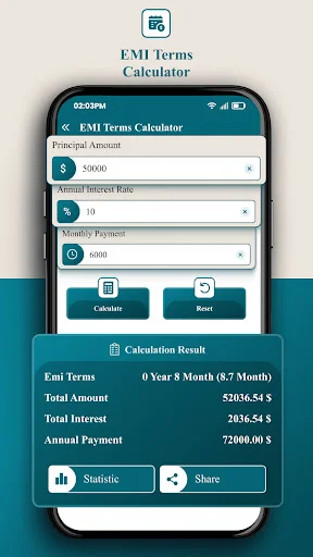 EMI Terms Calculator: calculate loan tenure from principal amount, interest rate, and desired monthly payment with detailed results display